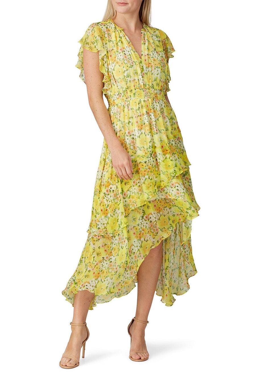 SHOSHANNA Yellow Floral Chiffon Short Flutter Sleeve Ruffle Hemline Dress size 0